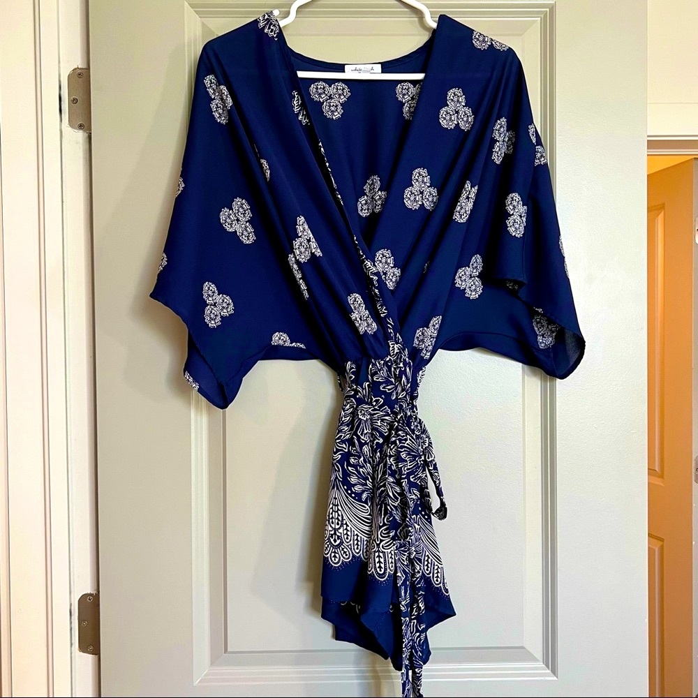 Kimono-Sleeved Romper in Navy by White Birch
